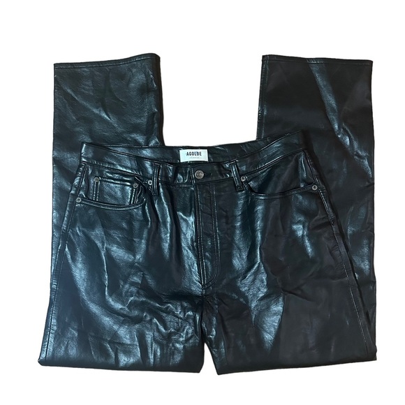 AGOLDE 90s Pinch Waist Black Leather Pants Size 32 - Picture 4 of 10